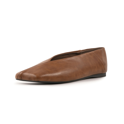 Chaussures plates confortables en cuir marron à bout carré et large largeur pour femme