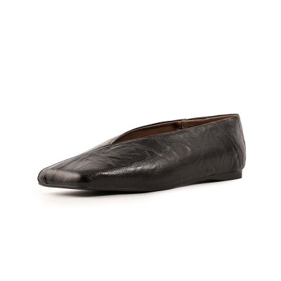 Chaussures plates confortables en cuir noir à bout carré et large largeur pour femme