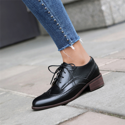 Mocassins Oxford noirs à talons épais et à lacets, chaussures pour femmes
