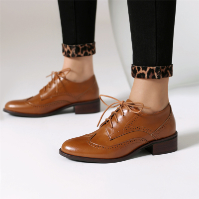 Mocassins Oxford marron à talons épais et à lacets, chaussures pour femmes