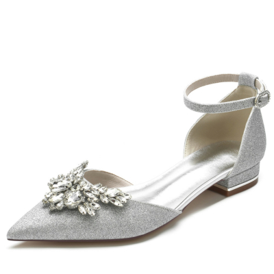 Chaussures plates à paillettes de mariage grises Embellissements ornés de bijoux D'orsay Flat