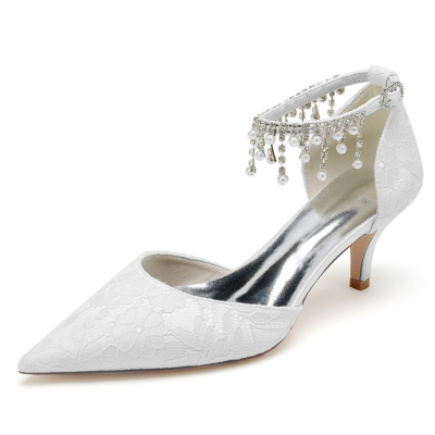 Escarpins en dentelle de mariage blanc Kitten Heels Pearl Ankle Strap D'orsay Shoes