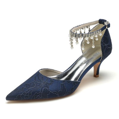 Escarpins en dentelle de mariage bleu marine Talons chaton Perles Bride à la cheville Chaussures D'orsay