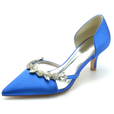 Escarpins à strass en satin de mariage bleu royal Chaussures D'orsay Talons de chaton