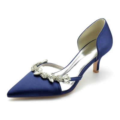 Pompes à strass en satin de mariage bleu marine Chaussures D'orsay Talons de chaton
