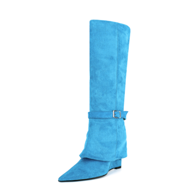 Bottes compensées bleues repliables Bottes hautes au genou à bout pointu pour femmes classiques