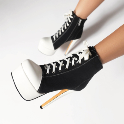 Chaussures Pleaser en toile à plateforme blanche et noire Zip Lace Up Stiletto High Heels