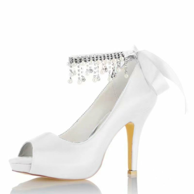 Chaussures de mariage Peep Toe en satin blanc Bride à la cheville Escarpins à plateforme talon aiguille