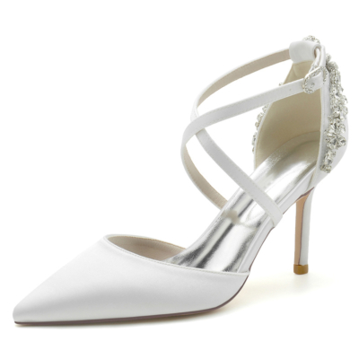 Escarpins à bride croisée en satin blanc à bout pointu Chaussures de mariage à talon aiguille