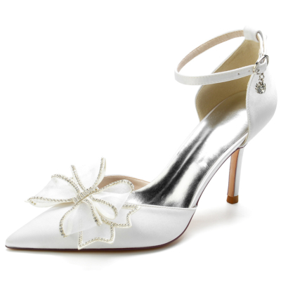 Chaussures de mariage en satin blanc bride à la cheville escarpins à bout pointu avec nœud