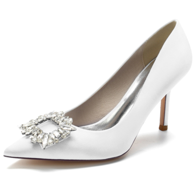 Chaussures de mariage en satin blanc Escarpins à talons aiguilles et bouts pointus