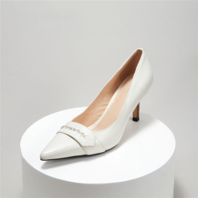 Chaussures Vintage En Cuir Blanc à Bout Pointus Escarpin à Talon Auigulle En Bois