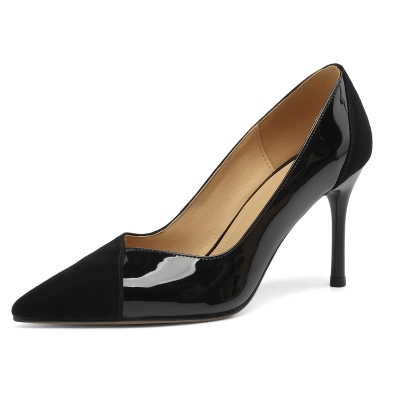 Escarpins noirs à talons aiguilles en patchwork pour femmes, talons à bout pointu pour le travail