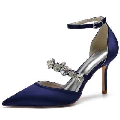Bijoux bleu marine pour femmes avec bride à la cheville, escarpins à talons, chaussures de mariage