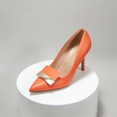 Escarpins Oranges à Talon Aiguille Boucle Métal Chaussures à Bout Pointu De Travail Pour Femmes