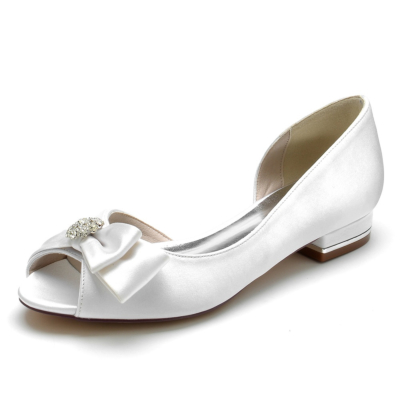 Blanc Peep Toe Bow Strass Peep Toe Bride Chaussures de mariage plates pour femmes