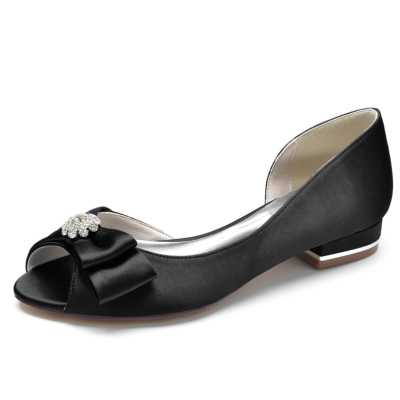 Chaussures plates Peep Toe Bow Strass Peep Toe noires pour femmes