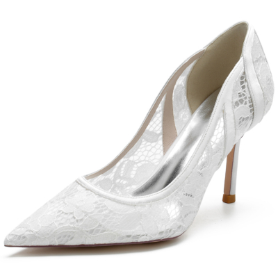 Chaussures de mariage en dentelle blanche pour femmes, escarpins à talons aiguilles et bout pointu