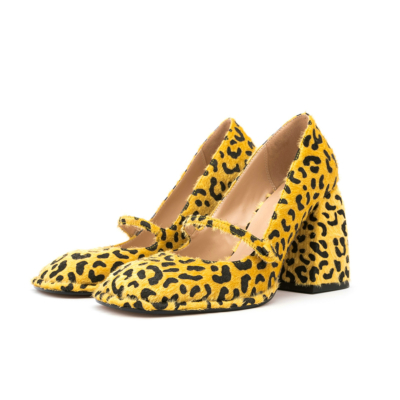 Escarpins Mary Jane à talons épais et à imprimé léopard jaunes, chaussures habillées en fausse fourrure à bout carré